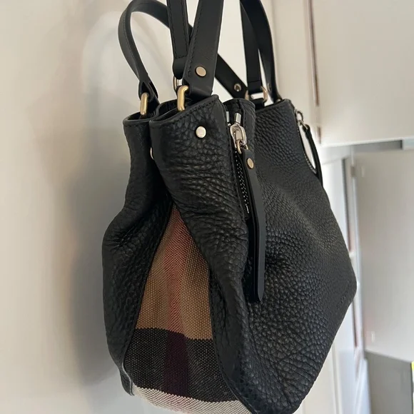 BURBERRY Maidstone Black Leather House Check Canvas Small Tote Bag - Picture 10 of 14